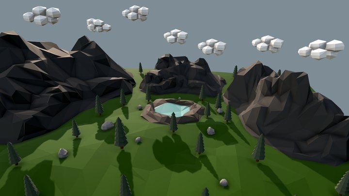 Low Poly Mountain with Crater Lake Scene 3D Model
