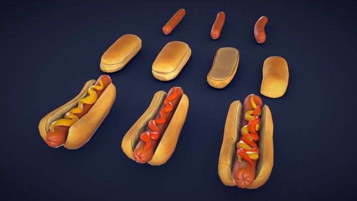 Stylized Hot Dogs and Buns - Low Poly 3D Model