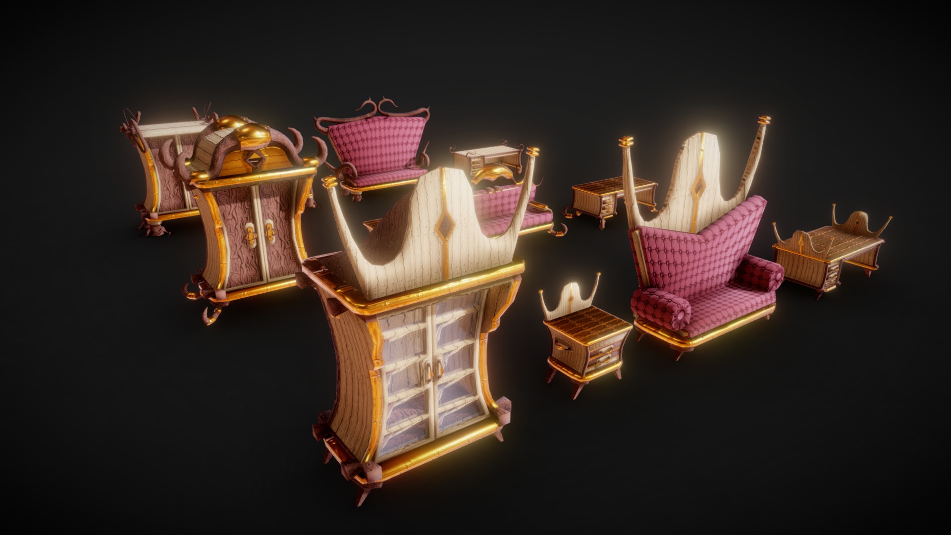 3D model Stylized Furniture Pack – Game Ready Assets - This is a 3D model of the Stylized Furniture Pack - Game Ready Assets. The 3D model is about a group of colorful chairs.