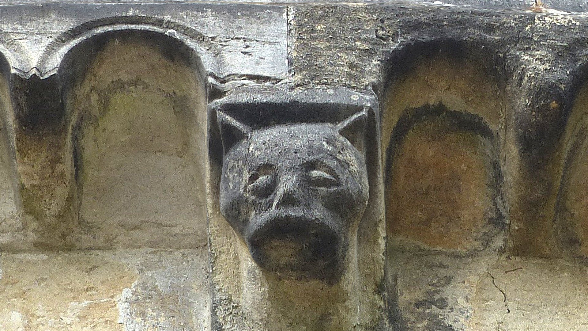 Feline grotesque corbel 5, Romsey Abbey