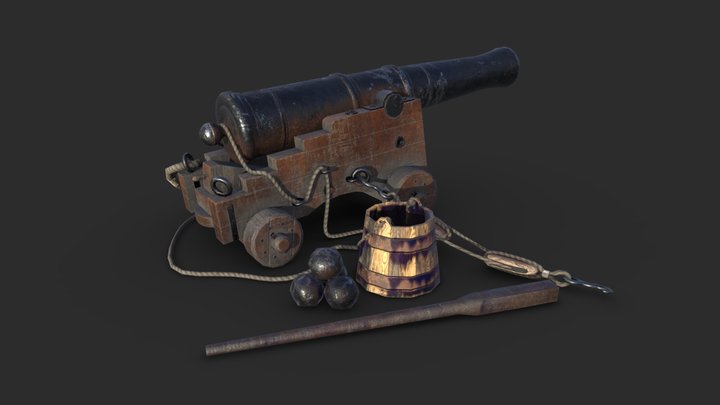 Old Naval Cannon - Dark Wood 3D Model