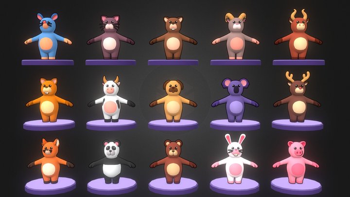 Mascot Humanoid Rigged Cute Animal Characters 3D Model