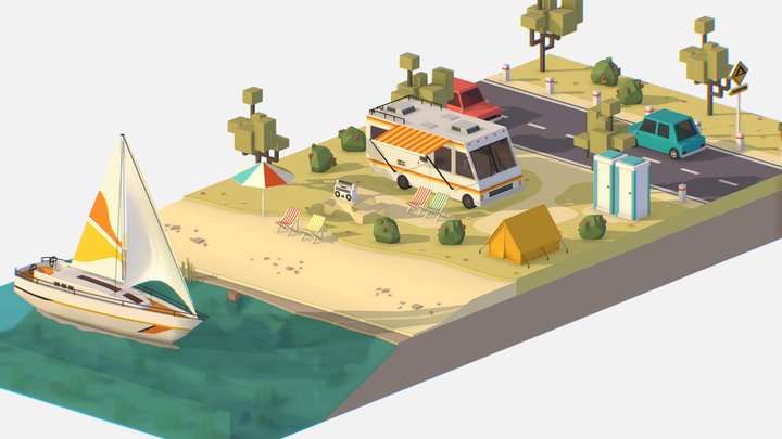 isometric camping scene on the river 3D Model