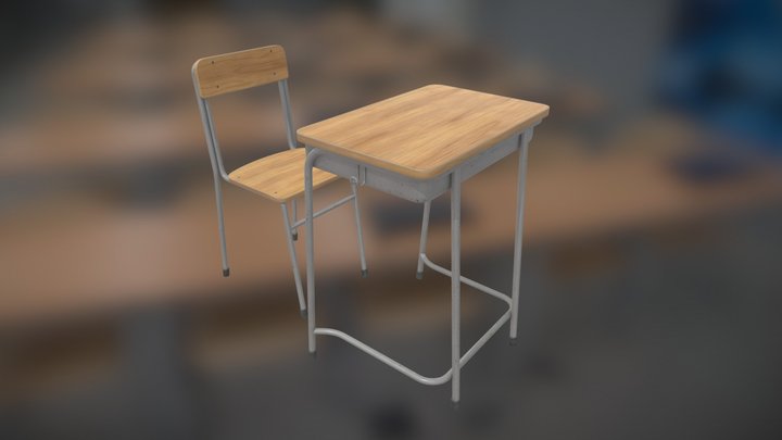 Japanese Style School Desk and Chair 3D Model