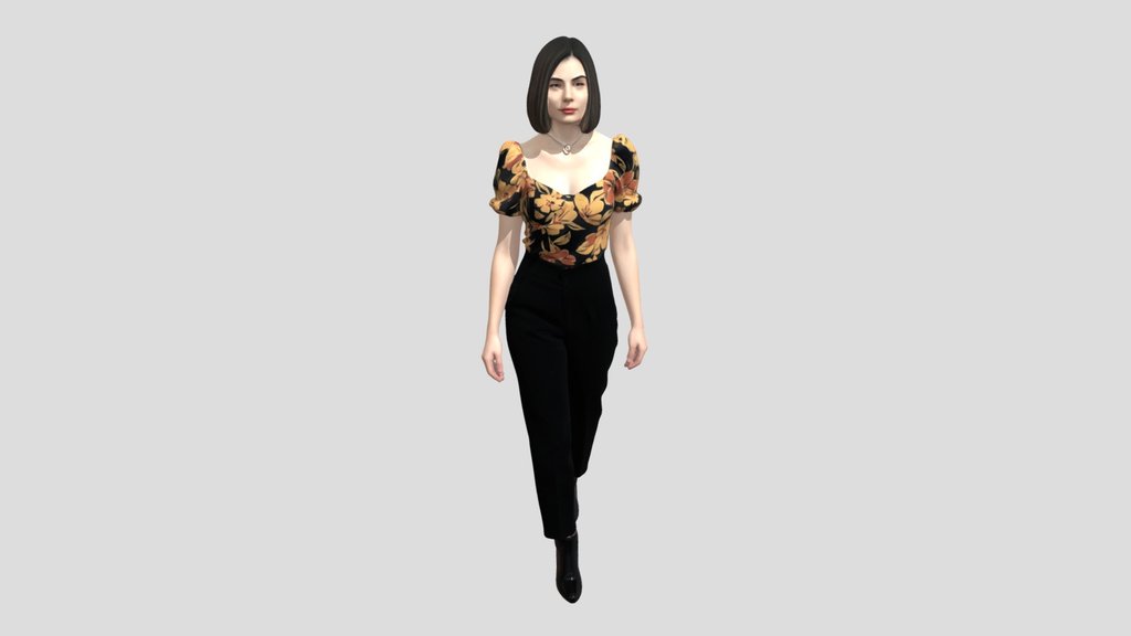 Floral Puff-Sleeve Top with Black Trousers