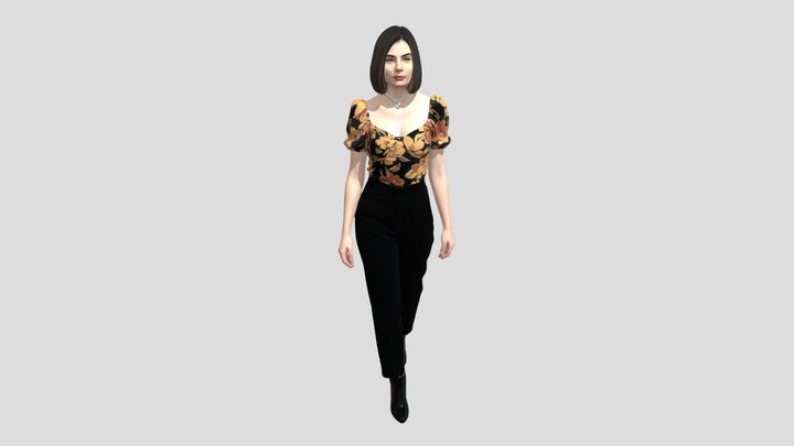 Floral Puff-Sleeve Top with Black Trousers – Modello 3D gratuito STL