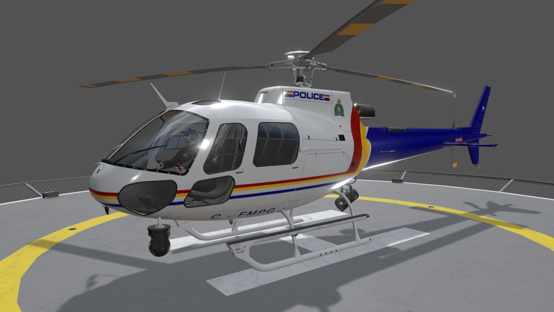 3D model AS-350 Royal Canadian Mounted Police Animated - This is a 3D model of the AS-350 Royal Canadian Mounted Police Animated. The 3D model is about a helicopter on a runway.