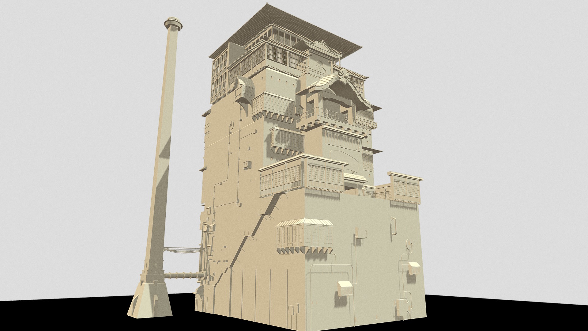 3D model Spirited Away – 湯屋 - This is a 3D model of the Spirited Away - 湯屋. The 3D model is about a tall building with a tower.