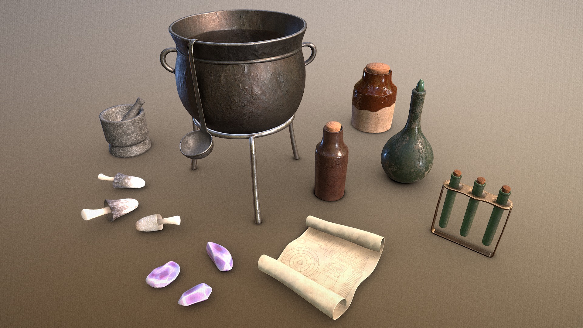 3D model Potion-making ensemble - This is a 3D model of the Potion-making ensemble. The 3D model is about a table with various objects on it.