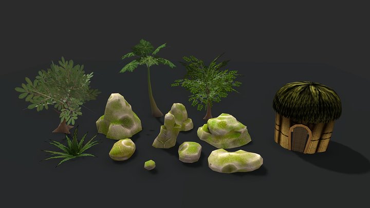 Hand-painted Tree And Stones Pack (Beach Props) 3D Model