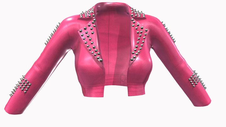 Pink Leather Female Crop Biker Jacket With Studs 3D Model
