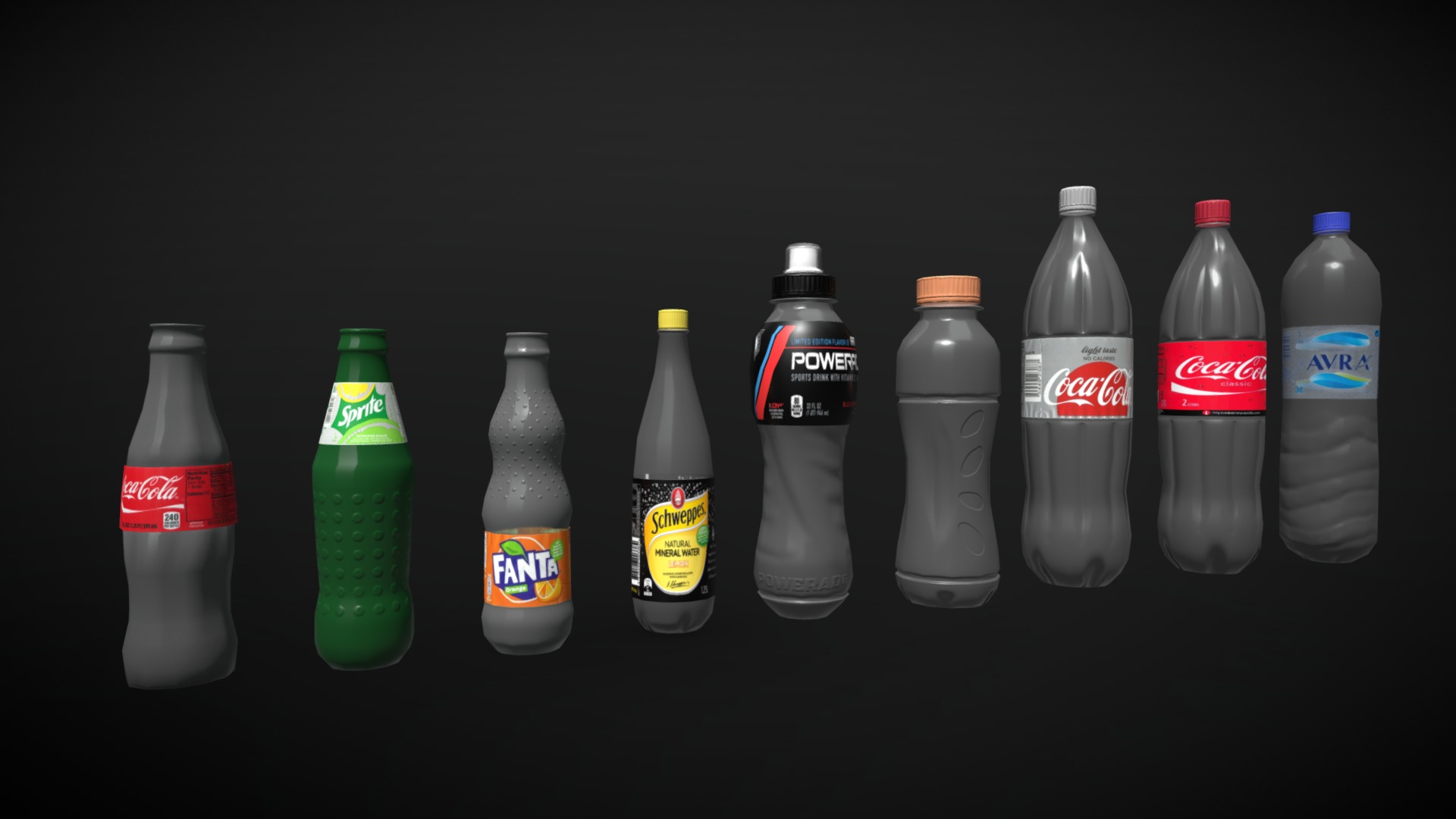 3D model Coca Cola Company Empty Bottles - This is a 3D model of the Coca Cola Company Empty Bottles. The 3D model is about a group of bottles.