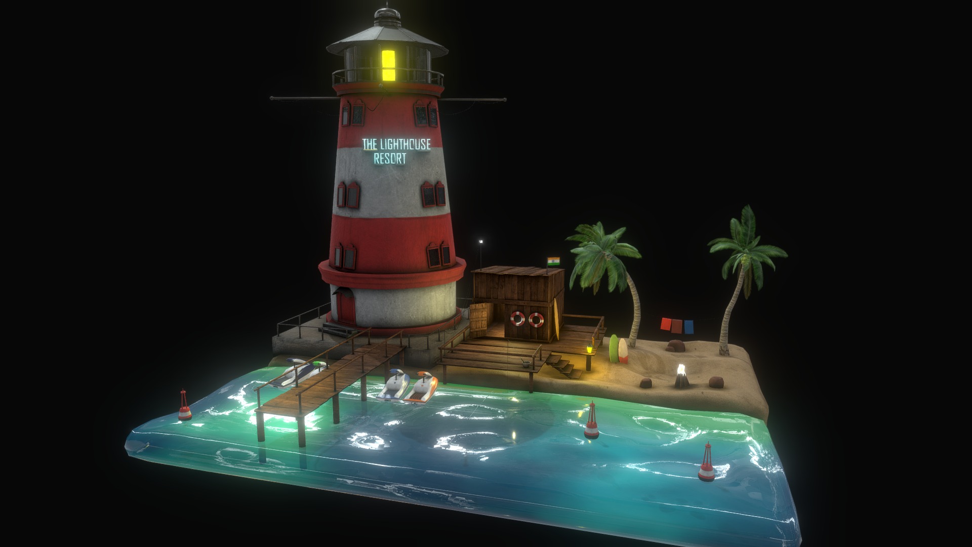 3D model Lighthouse Resort - This is a 3D model of the Lighthouse Resort. The 3D model is about a pool with a lighthouse in the background.