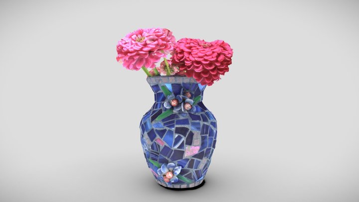 Zinnias in a decorated tile vase 3D Model