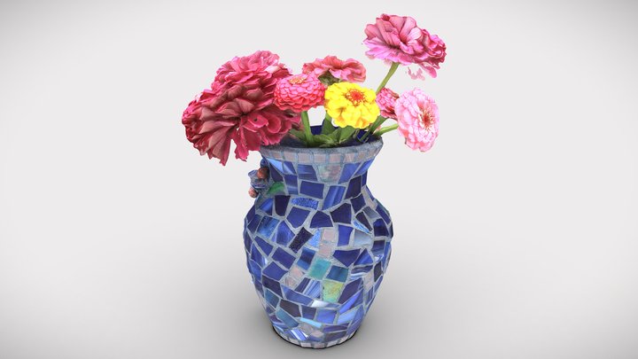 Zinnias in a decorated tile vase 3D Model