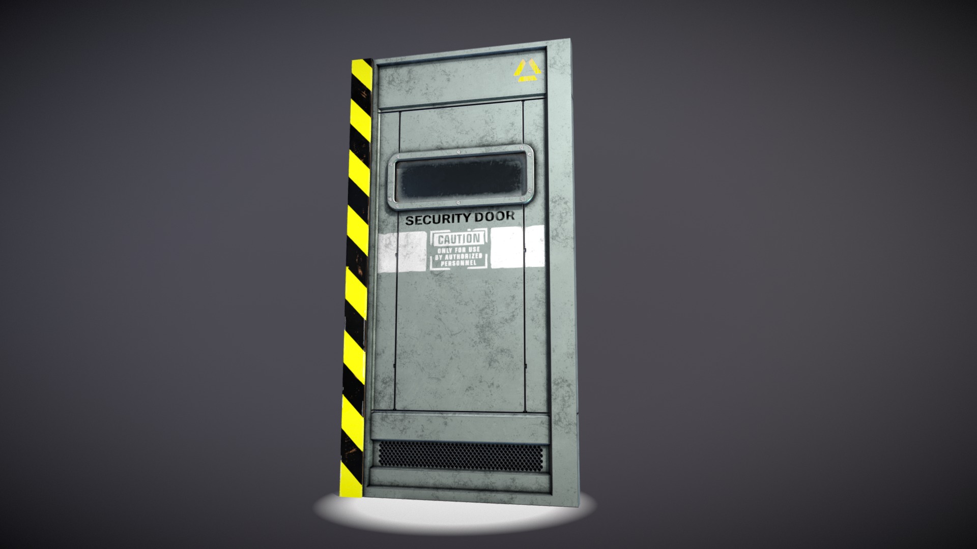 3D model Security Door - This is a 3D model of the Security Door. The 3D model is about a grey rectangular object with a black and yellow label.