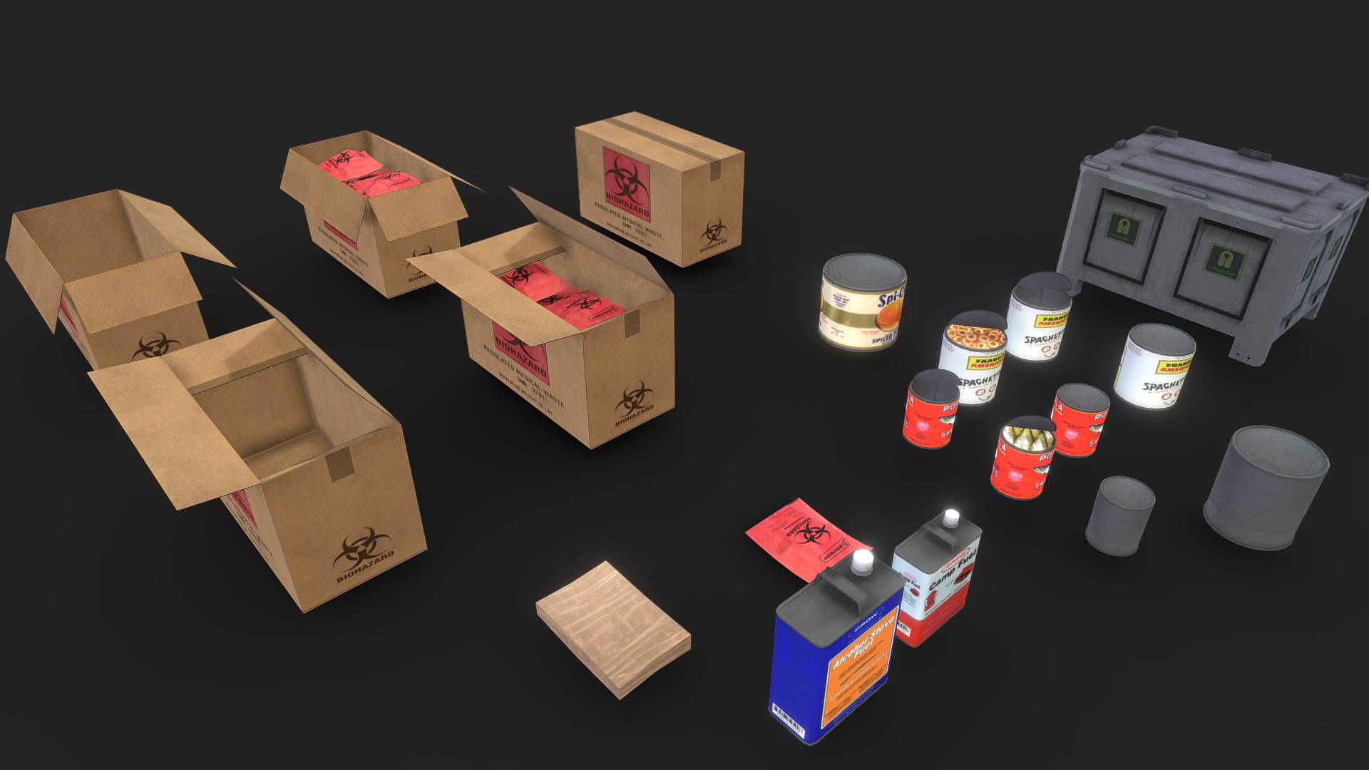 3D model Food Cans & Cardboard Box Props - This is a 3D model of the Food Cans & Cardboard Box Props. The 3D model is about a group of boxes and objects on a table.