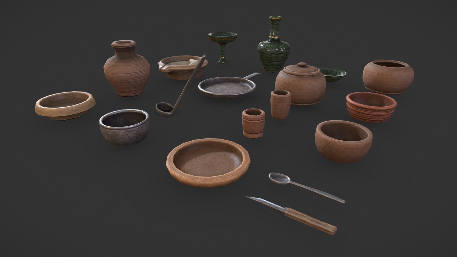 3D model PBR Tableware - This is a 3D model of the PBR Tableware. The 3D model is about a group of pots and spoons.