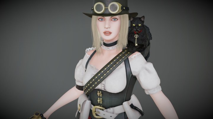 Steampunk Girl & Her Kitty 3D Model