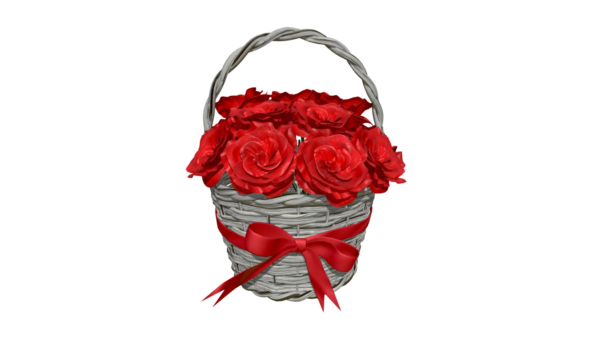 3D model Bouquet of red roses in wicker basket - This is a 3D model of the Bouquet of red roses in wicker basket. The 3D model is about a bouquet of red roses.