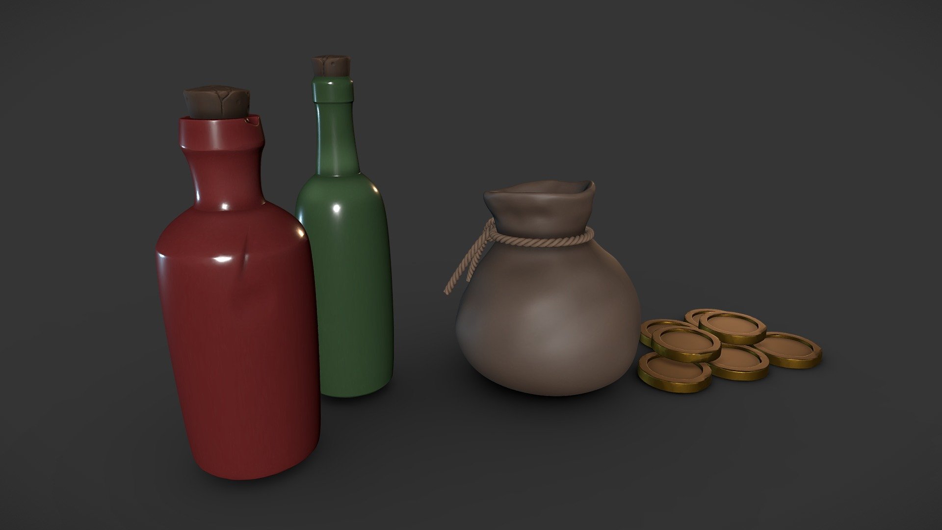 Sculpted Bottles and Bag of Coins