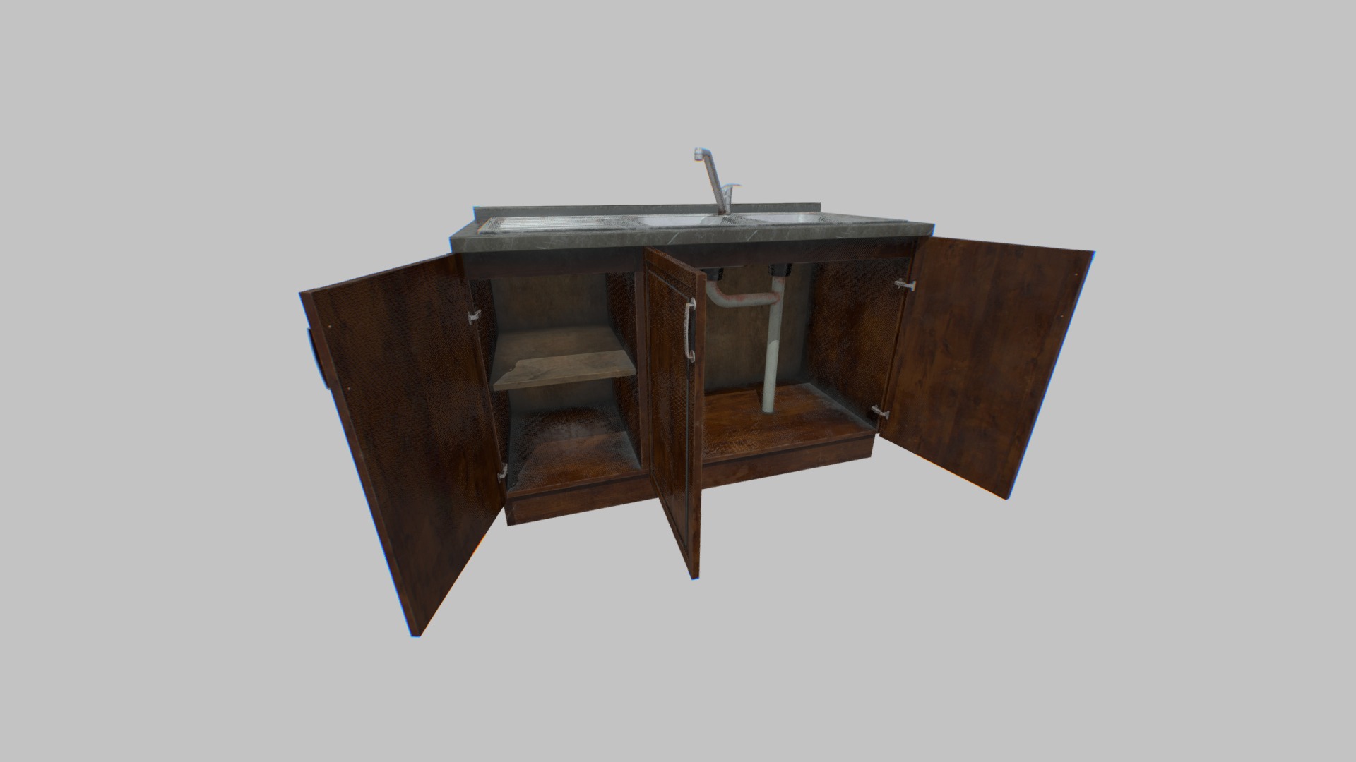 3D model Old Kitchen Cabinet with Sink - This is a 3D model of the Old Kitchen Cabinet with Sink. The 3D model is about a wooden table with a chair.