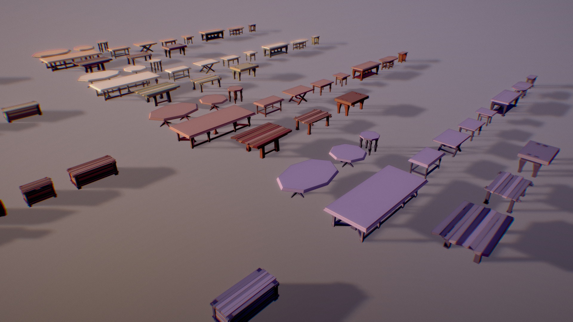3D model Tables And Chests ( Low Poly ) - This is a 3D model of the Tables And Chests ( Low Poly ). The 3D model is about a group of small buildings.