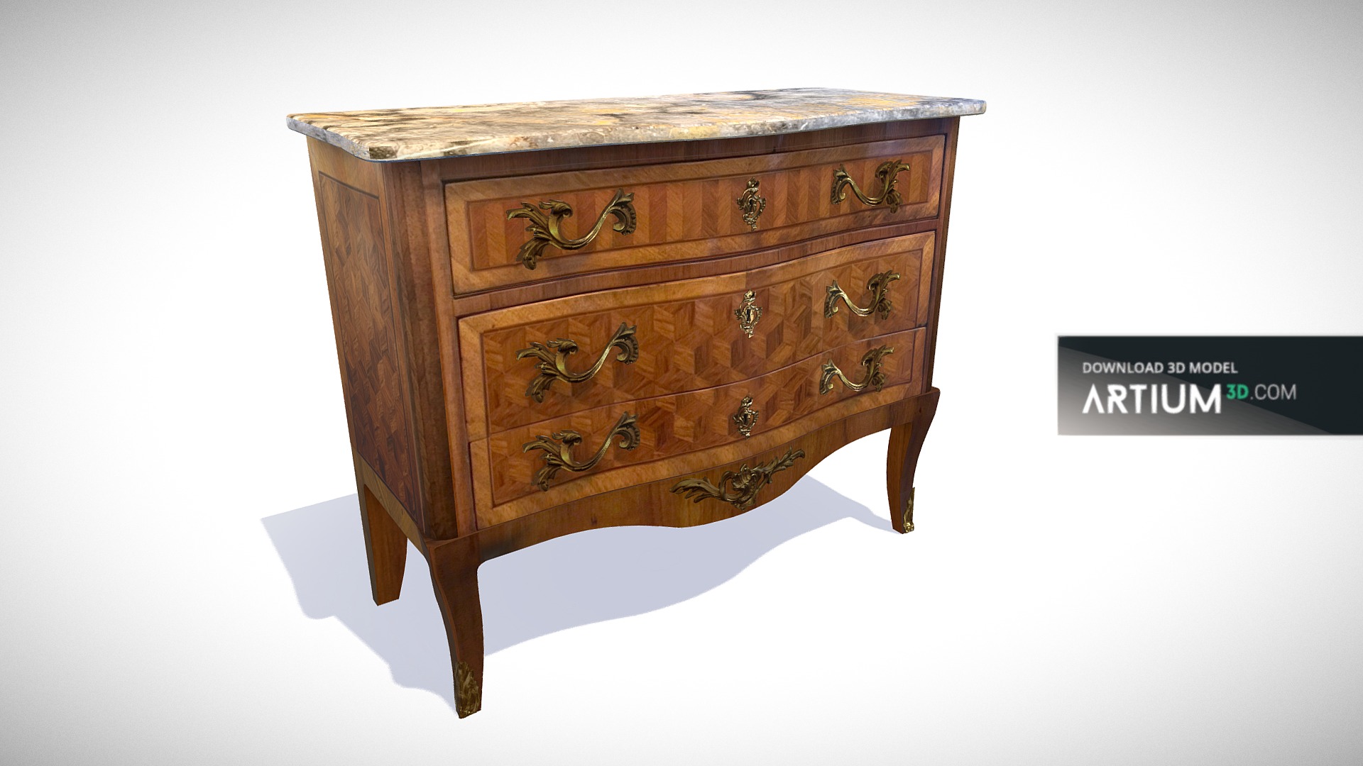 3D model Transition style commode – France about 1900 - This is a 3D model of the Transition style commode – France about 1900. The 3D model is about a wooden chest with a sign on it.
