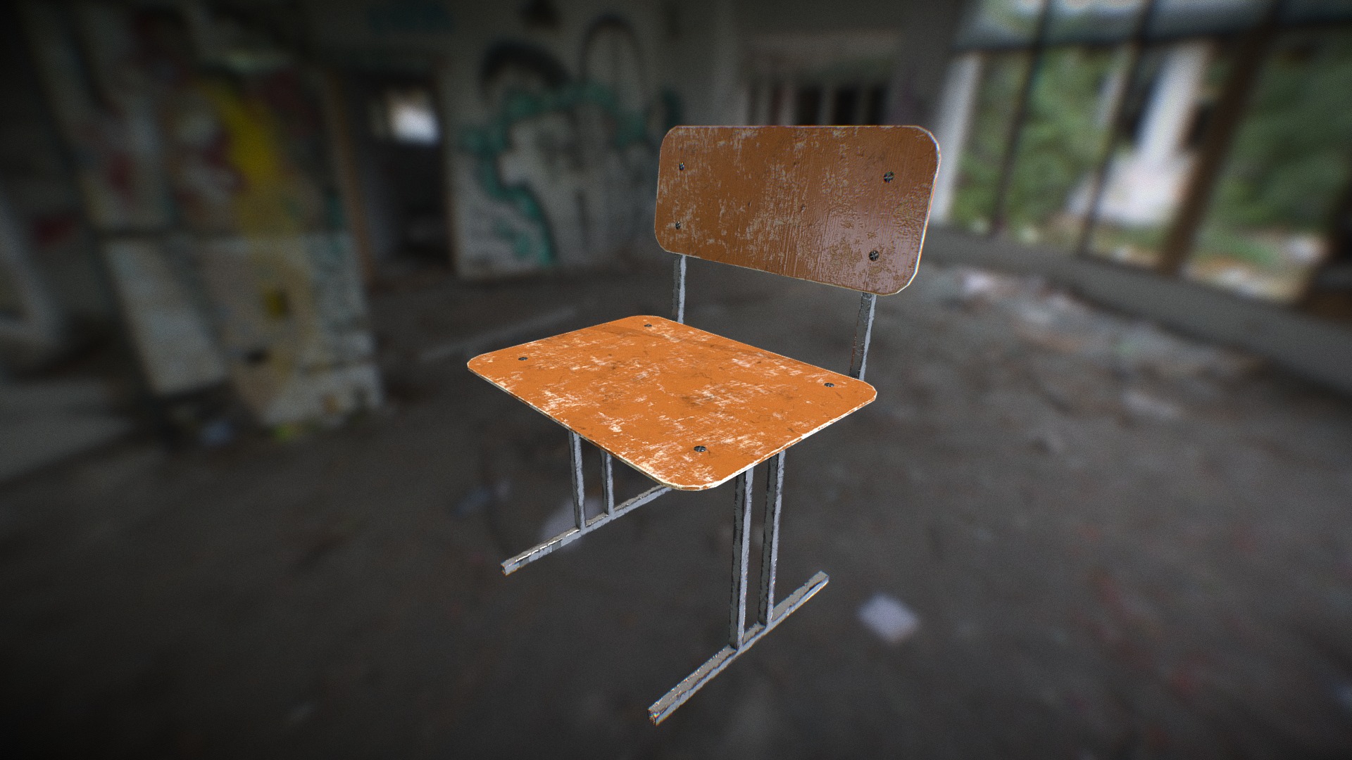 3D model School chair (orange) - This is a 3D model of the School chair (orange). The 3D model is about a wooden chair on a table.