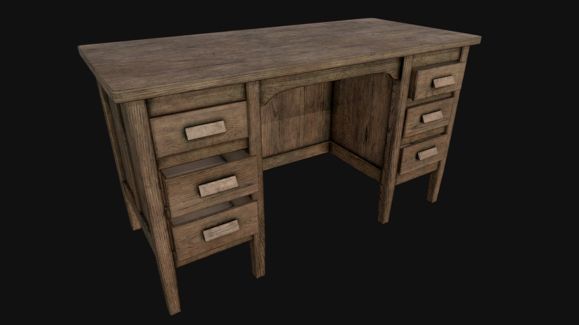 3D model Old Office Table A – PBR - This is a 3D model of the Old Office Table A - PBR. The 3D model is about a wooden table with drawers.