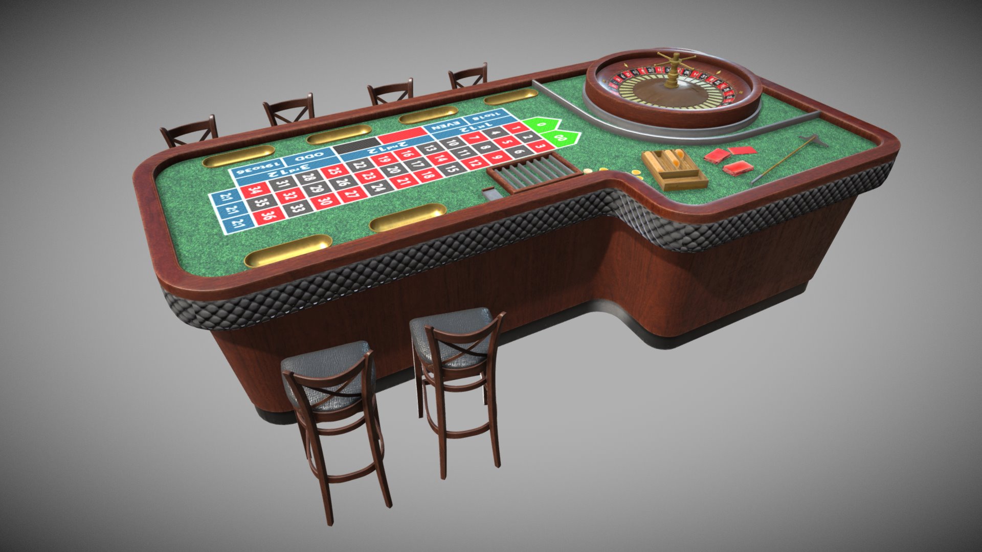 3D model Casino Roulette - This is a 3D model of the Casino Roulette. The 3D model is about a table with chairs around it.