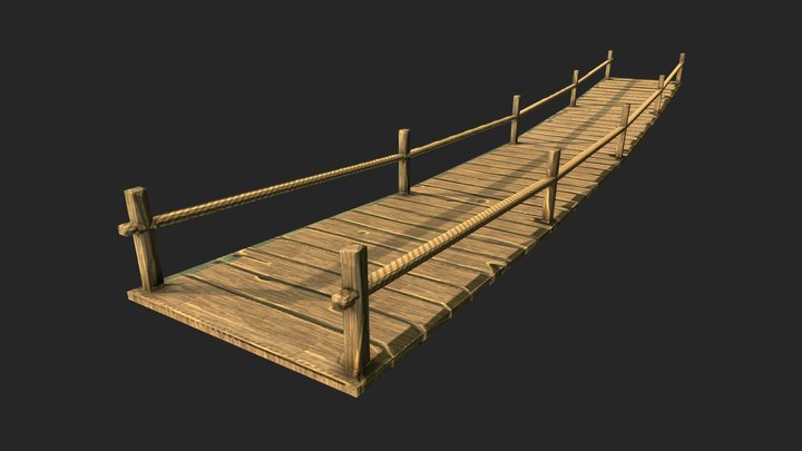 Low-Poly Hand-Painted Wood Bridge 3D Model