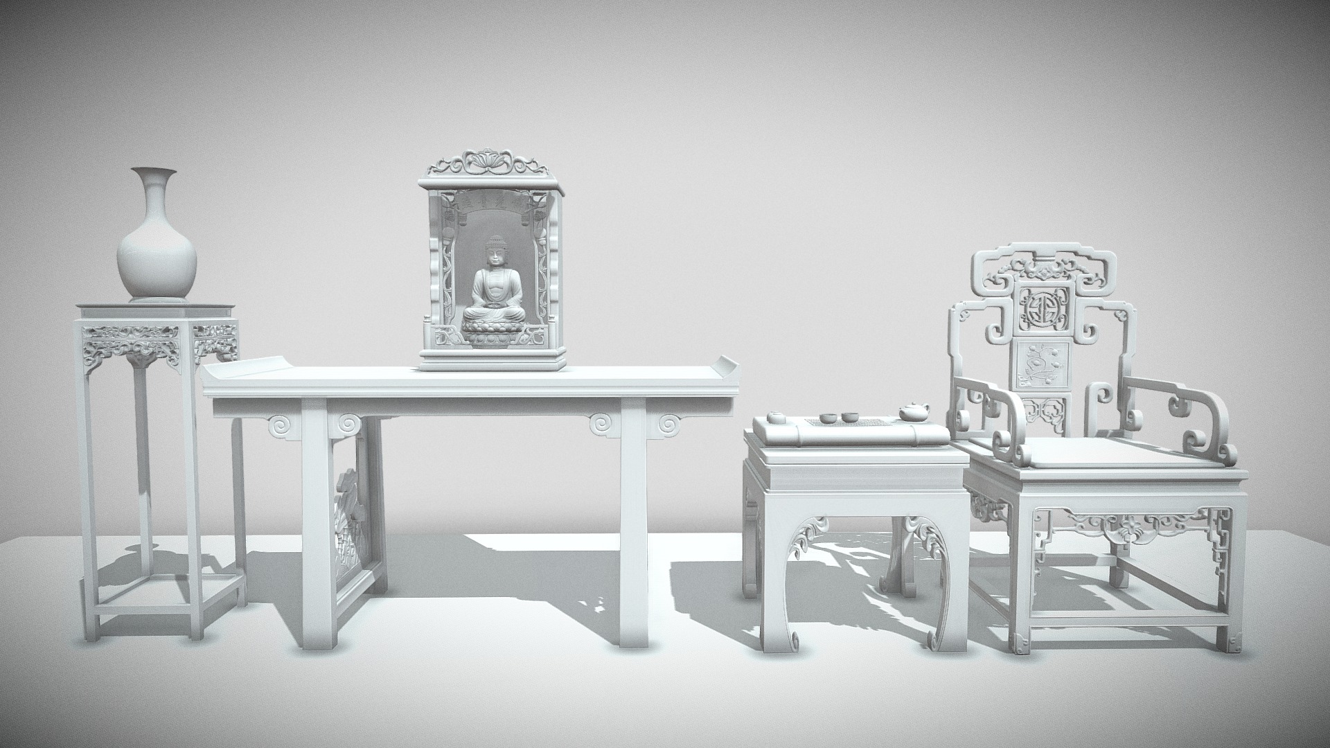 3D model Chinese Buddhism - This is a 3D model of the Chinese Buddhism. The 3D model is about a table and chairs.