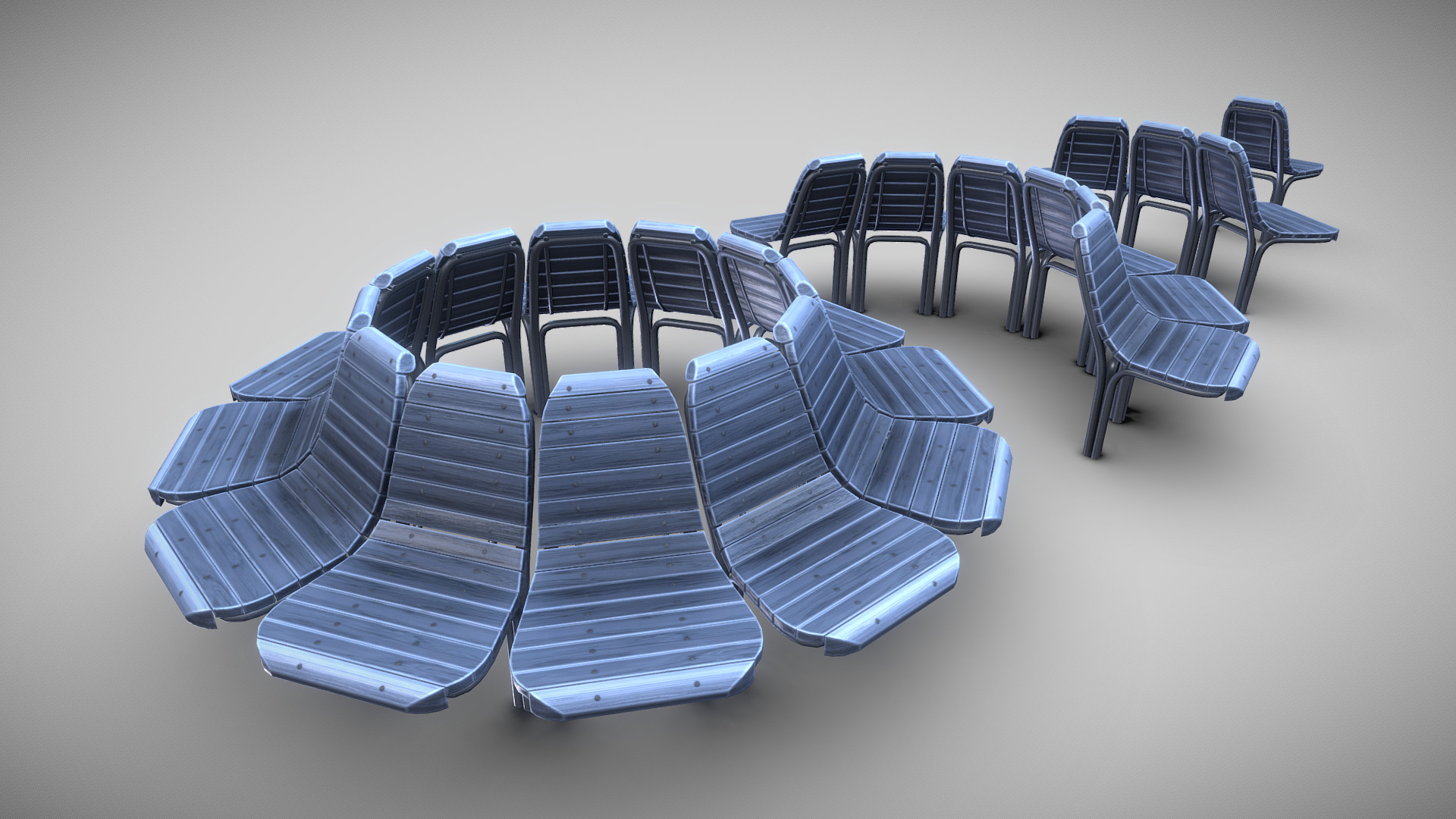 3D model Round Bench [7]  4 Parts Blue Painted Version - This is a 3D model of the Round Bench [7]  4 Parts Blue Painted Version. The 3D model is about a group of chairs.