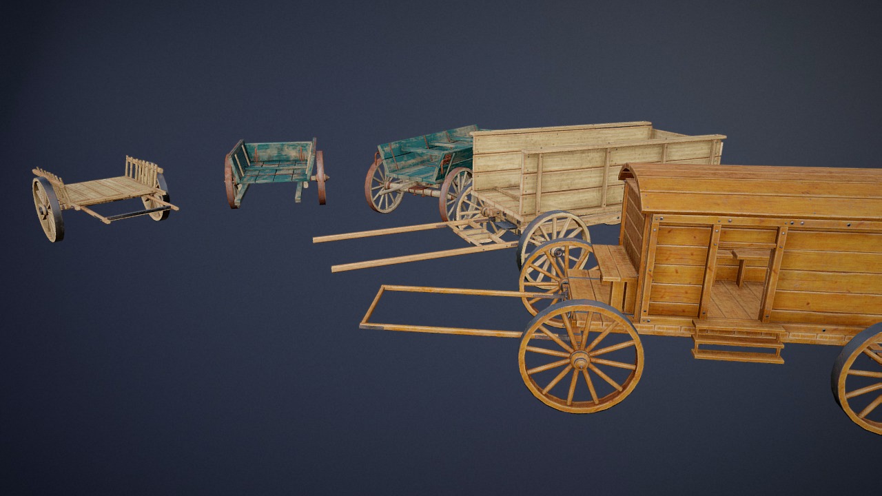 3D model Modular Wooden Carts - This is a 3D model of the Modular Wooden Carts. The 3D model is about a group of wooden carts with wheels.