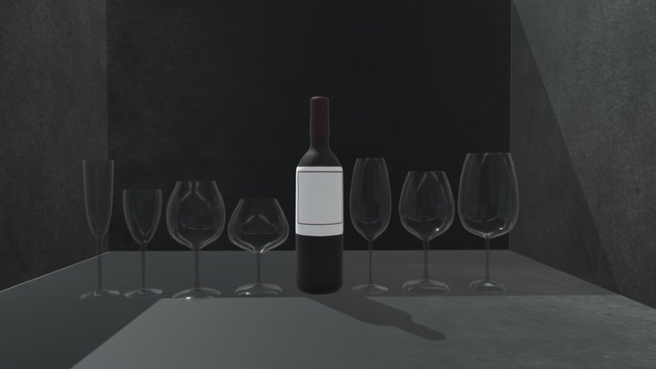 Wine bottle and glasses 3D Model