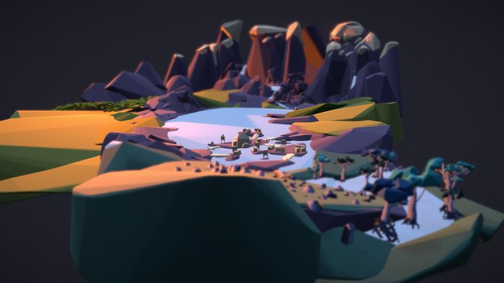 Village by the mountain lake - Sunset 3D Model