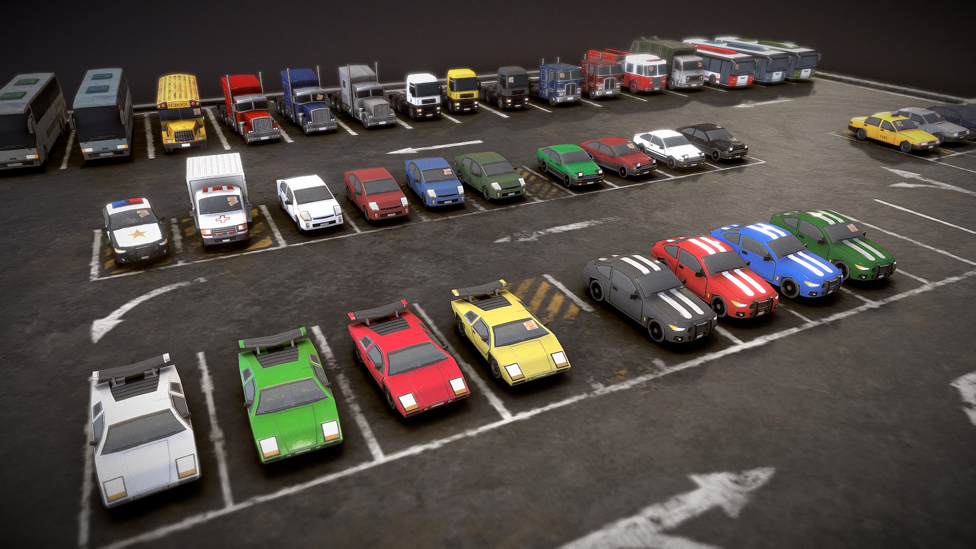 3D model Vehicle Pack – LowPoly PBR - This is a 3D model of the Vehicle Pack - LowPoly PBR. The 3D model is about a parking lot full of cars.
