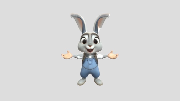 Cheerful anthropomorphic rabbit in overalls 3D Model