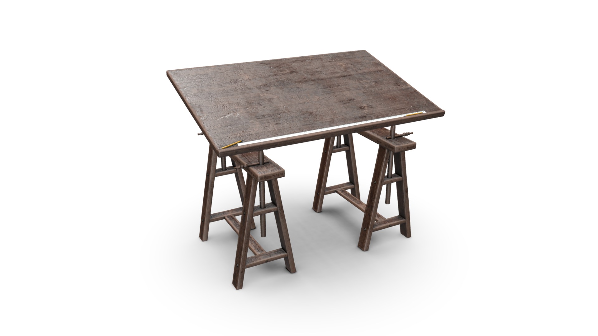 3D model Old Drafting Table - This is a 3D model of the Old Drafting Table. The 3D model is about a wooden table with legs.