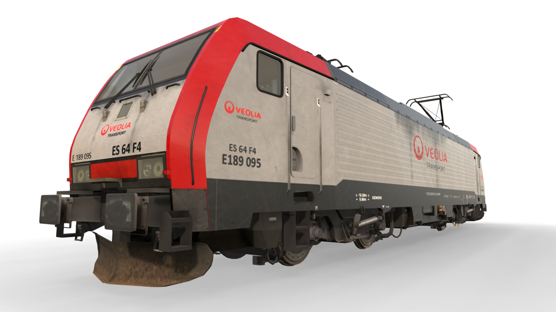 3D model Locomotive Class ES64F4 – 189 095-3 – Veolia - This is a 3D model of the Locomotive Class ES64F4 - 189 095-3 - Veolia. The 3D model is about a silver train on a white background.