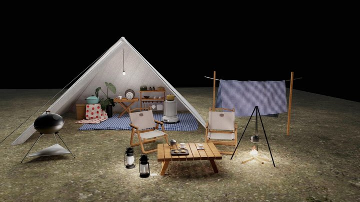 tent camp outdoor campsite baked 3D Model