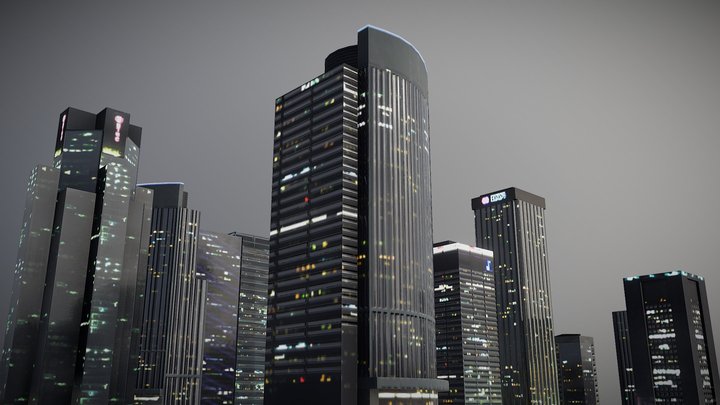 Low Poly Night City Building Skyline 3D Model