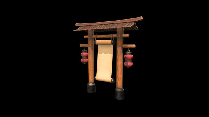 Traditional Japanese Shrine Scroll Display 3D Model