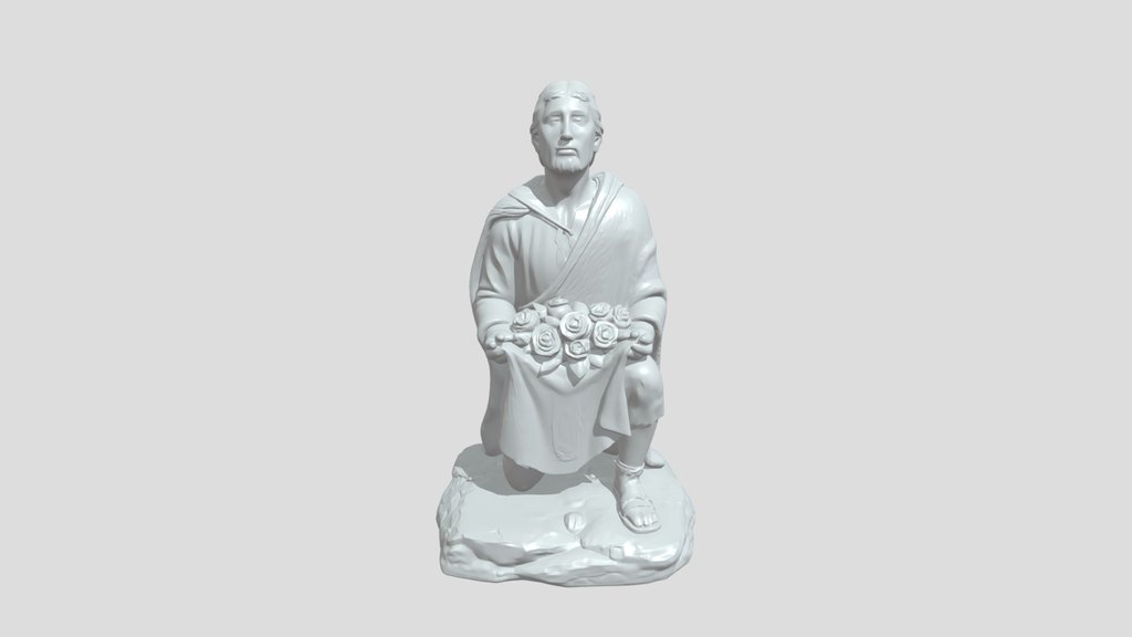 Kneeling robed figure holding a bouquet of flow