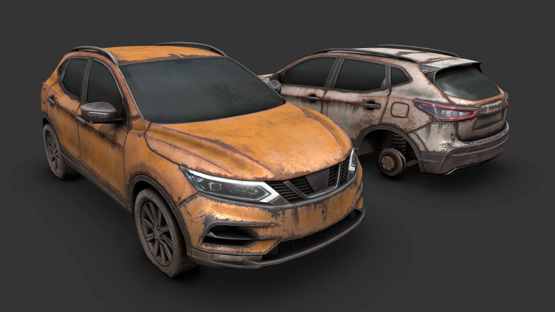 3D model Derelict Modern SUV - This is a 3D model of the Derelict Modern SUV. The 3D model is about a couple of cars parked next to each other.