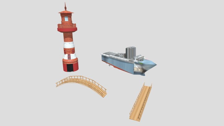 Lighthouse, Bridge, and Boat Trio 3D Model