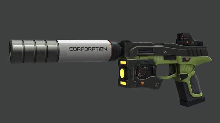 Cyberpunk Pistol with silencer- Free 3D Model
