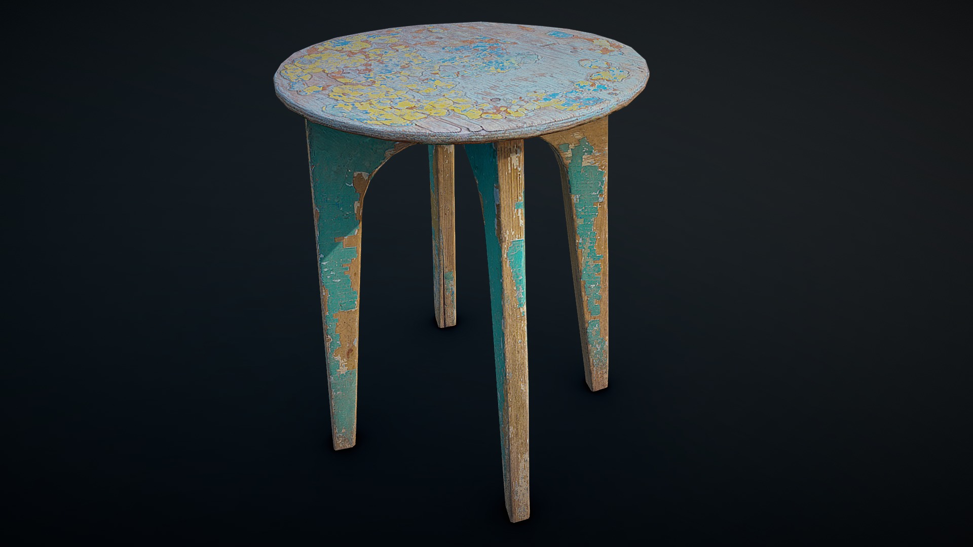3D model Old Stool - This is a 3D model of the Old Stool. The 3D model is about a wooden stool with a blue and green design.