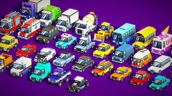 35 Low Poly Toon Cars Pack 3D Model